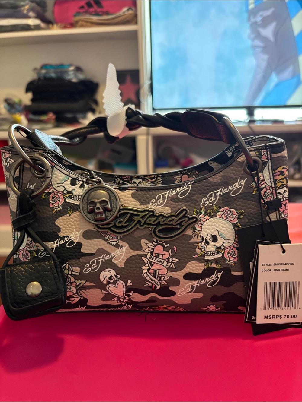 Ed Hardy Black & Pink Camo Skull Mini Shoulder Bag